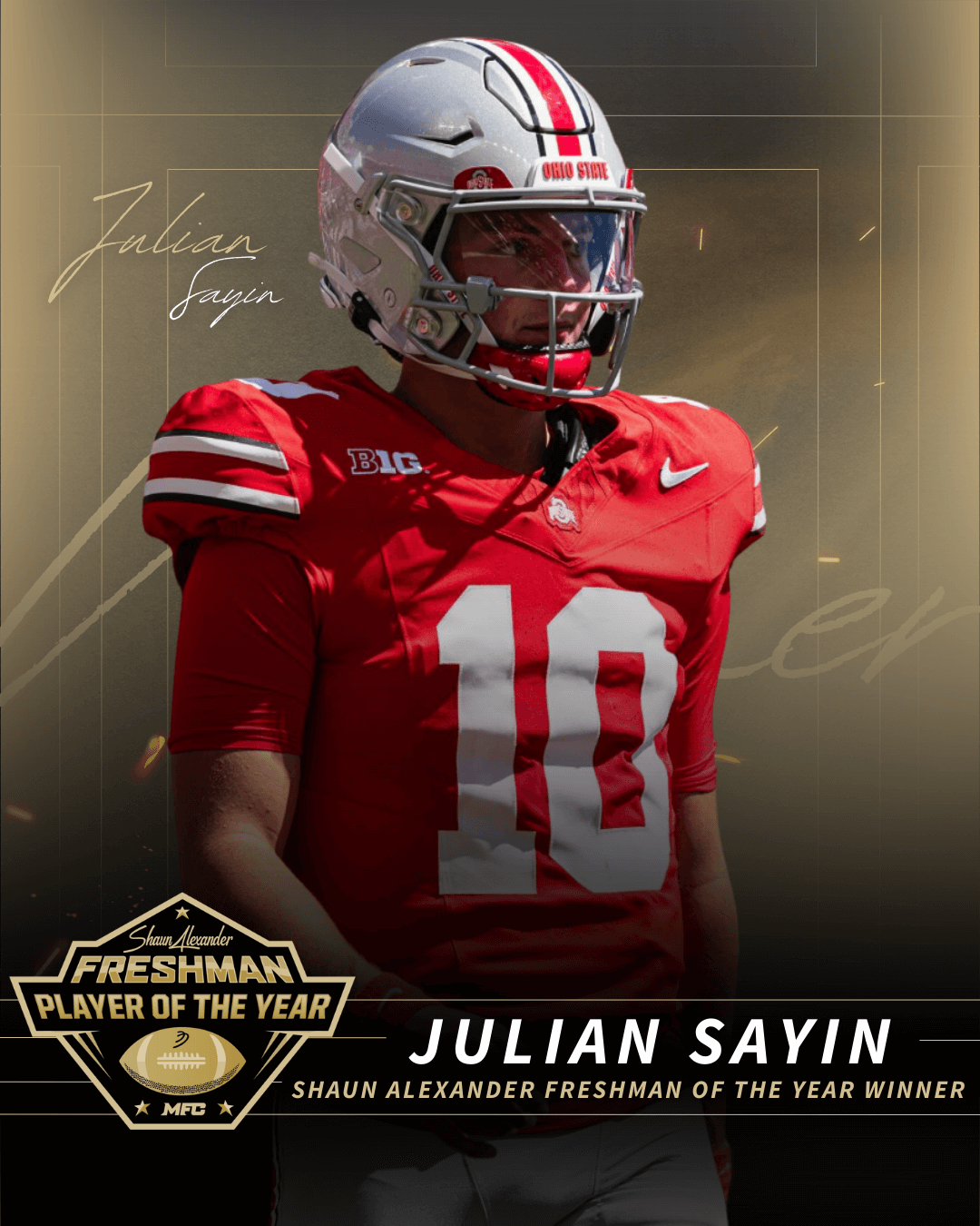 Ohio State Quarterback Julian Sayin Named 2025 Shaun Alexander Freshman of the Year